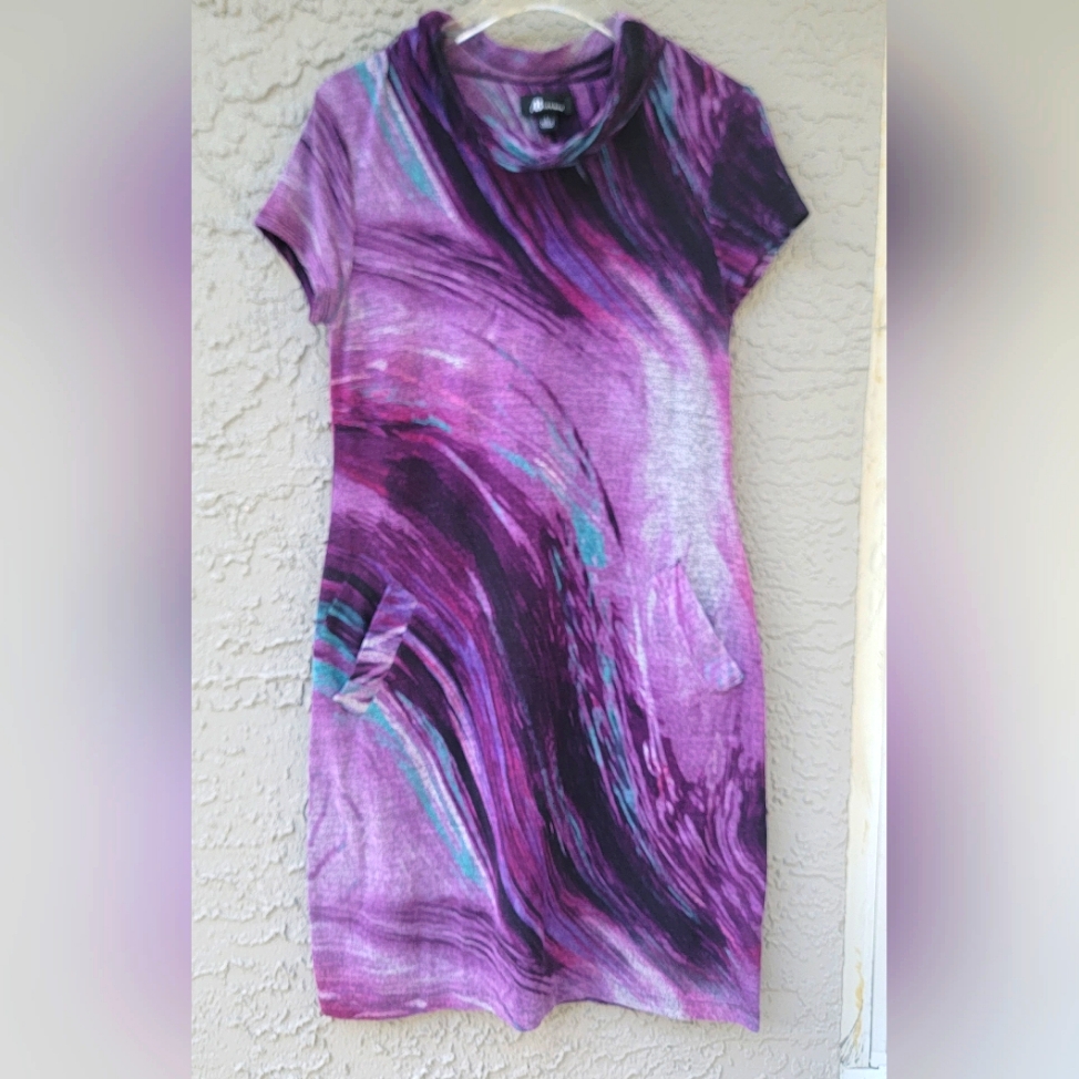 Ab Studio Liquid Purple Marble Look Print Cowlneck Short Sleeves Sz Large Dress